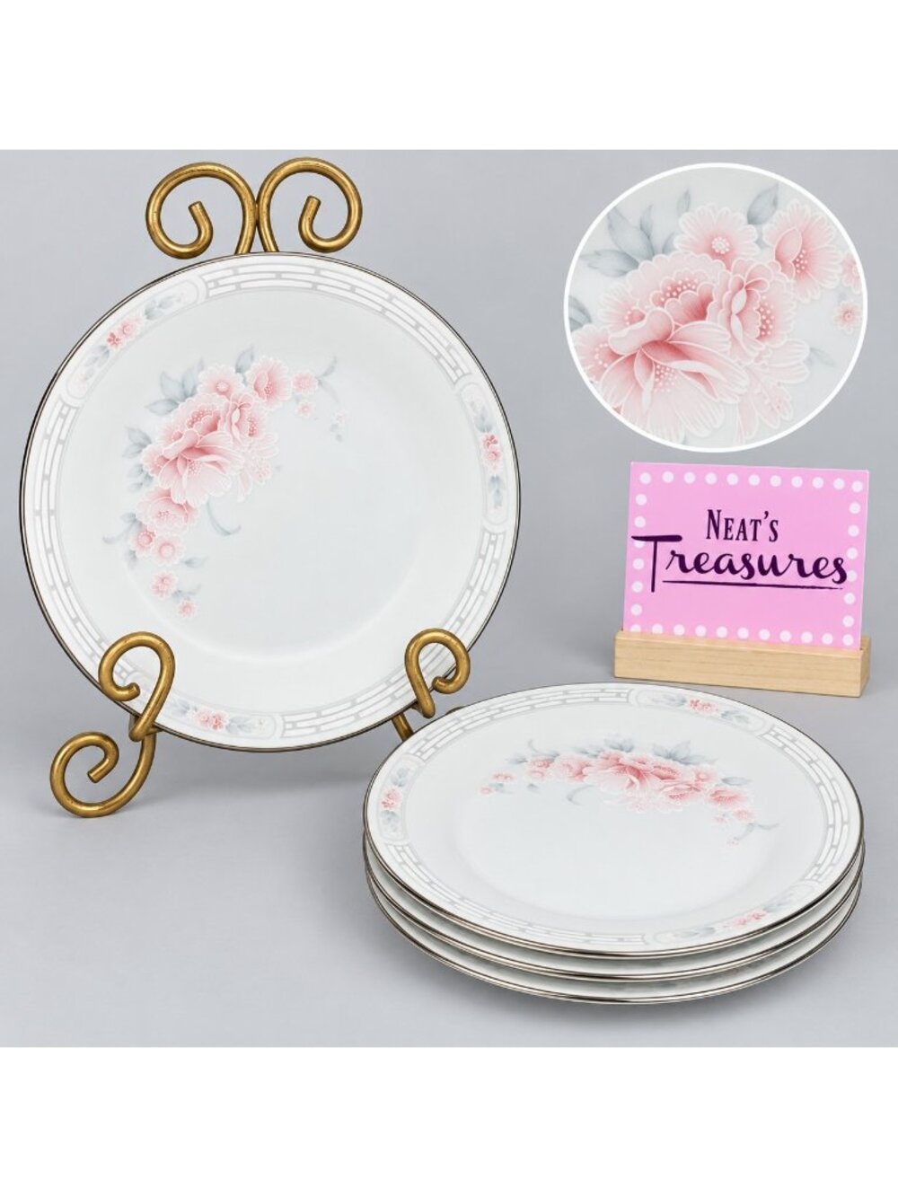 Noritake CARTHAGE Pink Flower Gray Leaves Coupe Porcelain Bread Side Plate Set 4